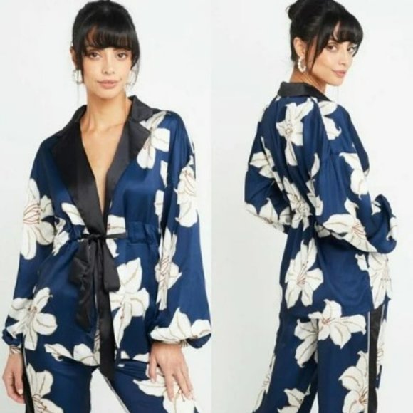 Zhu Tops - Zhu Corbin Kimono Style Blazer Wrap Top Kimono Style Navy White Floral Large